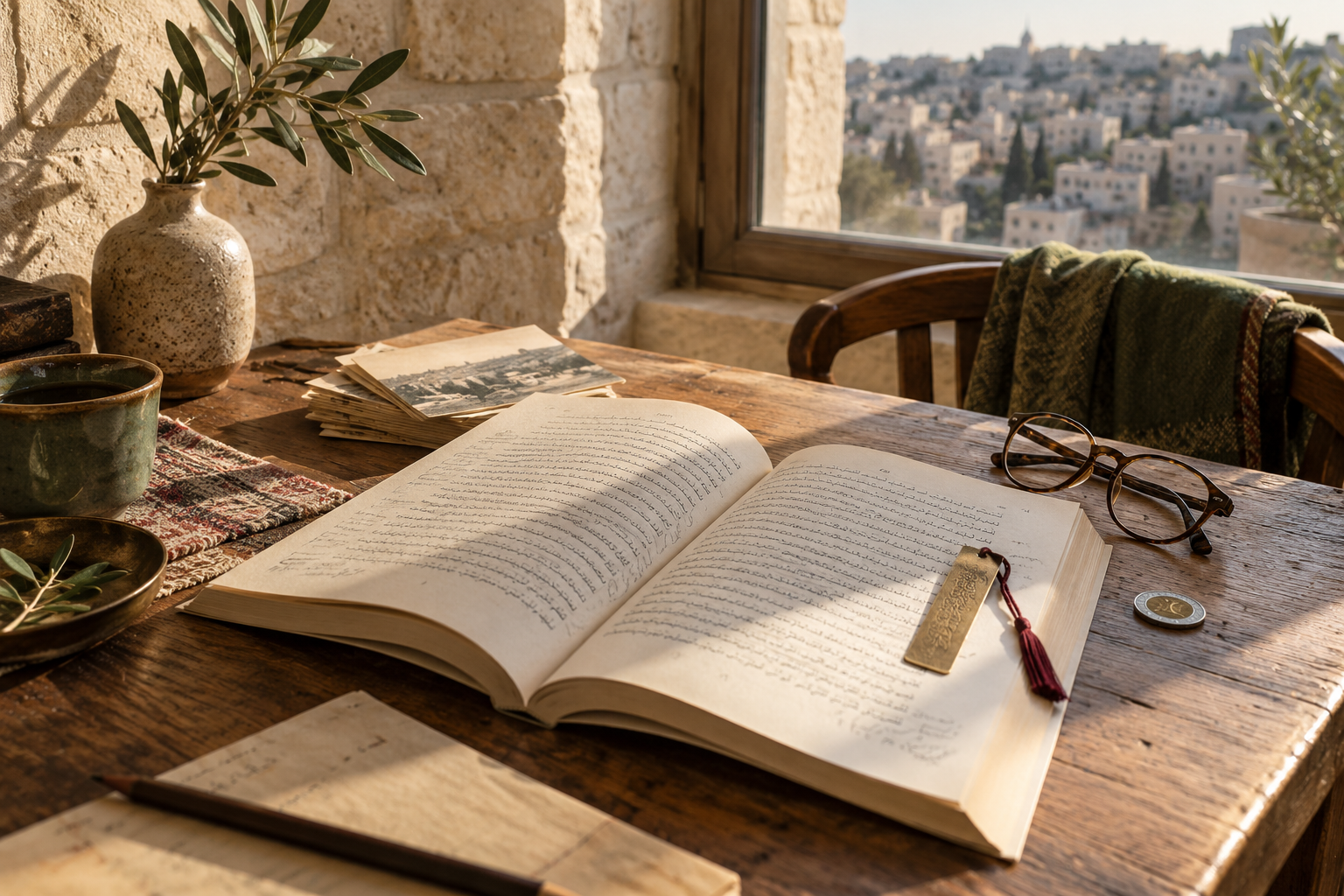 كتاب مفتوح على طاولة قراءة تطل على تلال عمّان